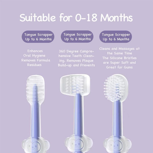 PandaEar 3 Pack Silicone Baby Toddler Toothbrushes, 0 to 18 Months, Baby Tongue Cleaner + U-Shaped Scrubber