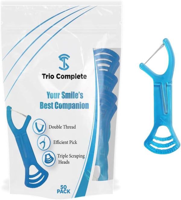 3-in-1 Complete Dental Care Set, Double Thread Floss Picks, Toothpicks, and Tongue Scraper for On-The-Go Oral Hygiene