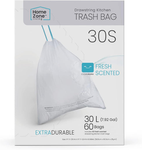 Home Zone Living 8 Gallon Kitchen Trash Bags, Drawstring Handles, Heavy Duty Custom Fit Design, 60 Count