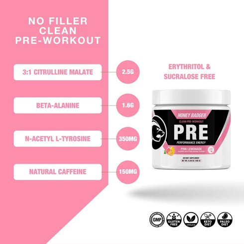 Honey Badger Pre Workout Powder - Keto Vegan Preworkout for Men & Women with Vitamin C, Beta Alanine, Caffeine, Pink