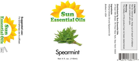 Sun Essential Oils - Spearmint Essential Oil - 4 Fluid Ounces - Spearmint Oil - Spearmint Aromatherapy Oil - Spearmint Essential Oil for Diffuser - Spearmint Essential Oil for Candles