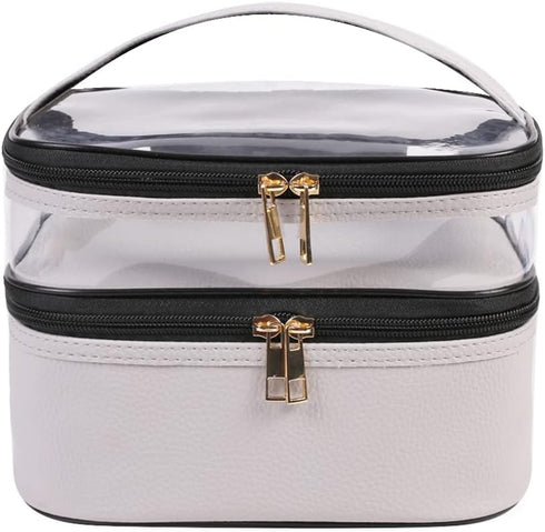 FITINI Double Layer Makeup Bags, Travel Storage Cosmetic Cases, Water-resistant Organizer for Women, Gray