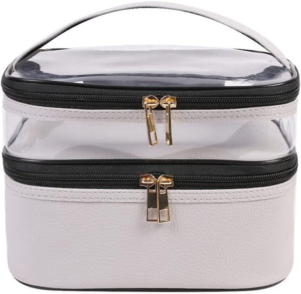 FITINI Double Layer Makeup Bags, Travel Storage Cosmetic Cases, Water-resistant Organizer for Women, Gray