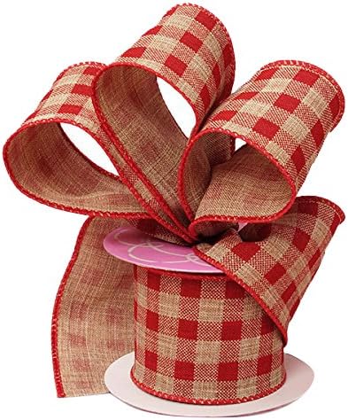 Red Gingham Wired Ribbon 2 1/2" x 10 Yards, Rustic Wedding Decoration, Gift Basket, Fall Decor