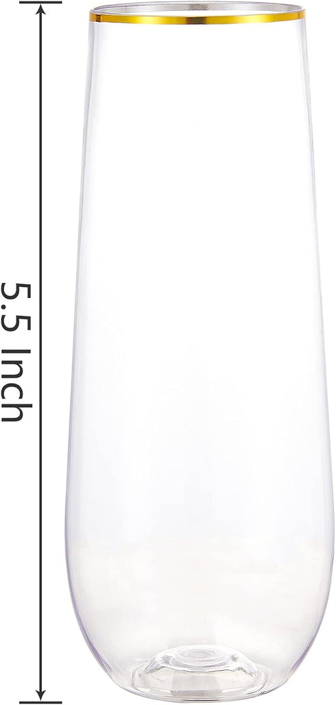 N9R 12PCS Stemless Plastic Champagne Flutes, 9 oz Gold Rim Toasting Glasses, Shatterproof Cocktail Cups for Party
