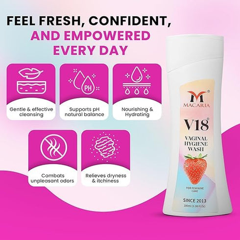 MACARIA V18 Vaginal Feminine Wash - for Women's Intimate Hygiene - Antibacterial Genital Wash for pH Balance - Tea Tree