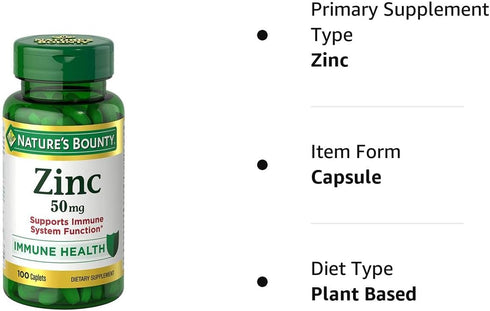 Nature's Bounty 50 mg Zinc Caplets, Unflavored, 100 Count, 2 Pack