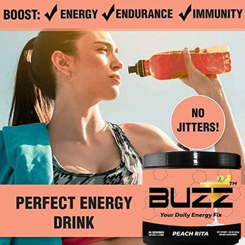 Morning Buzz Energy Drink Powder - Sugar-Free Energy Boost Drink Mix - 30 Servings, Peach Rita