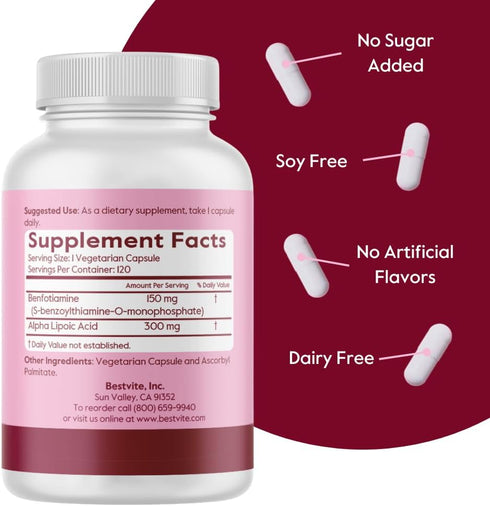 BESTVITE Benfotiamine 150mg / Alpha Lipoic Acid 300mg - 120 Vegetarian Capsules, Vegan, Gluten Free