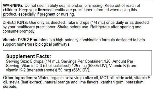Nutra Biogenesis Vitamin D3/K2 Emulsion, Liquid Vitamin D Drops with MCT Oil, 1 Fl Oz Bottle