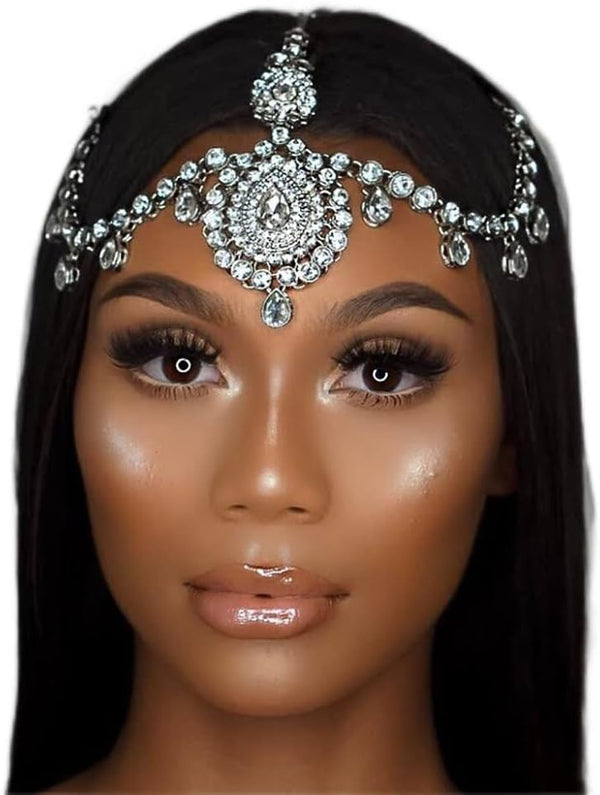 YERTTER Wedding Silver Rhinestone Head Chain Jewelry Forehead Clip Headpiece Hair Accessories for Women