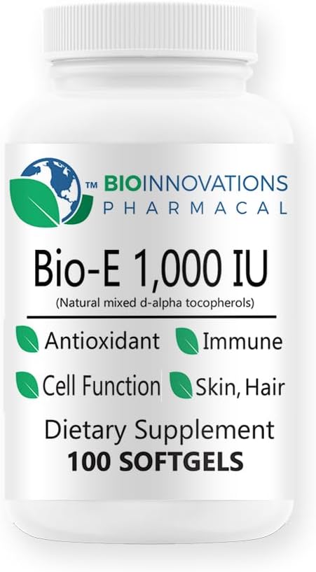 BioInnovations Pharmacal Bio-E 1000 IU All Natural Vitamin E Mixed Tocopherols Antioxidant for Skin, Hair, Immune