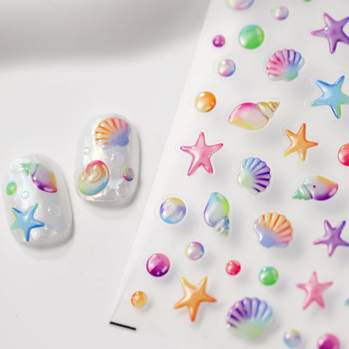 5D Summer Nail Art Stickers, Embossed Ocean Nail Decals Seashell Starfish for Luxurious Summer Nail Design Decoration