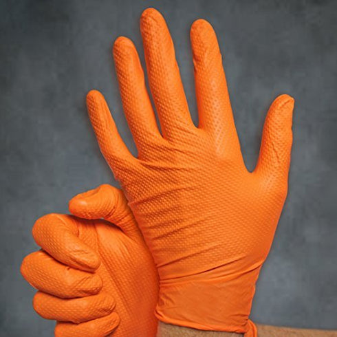 Adenna CAT456 Catch 9 mil Powder-Free Nitrile Gloves, Raised Grip, Orange, Large, Box of 100