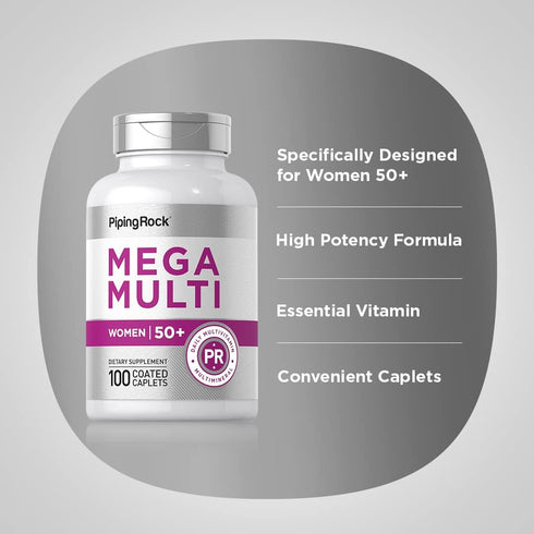 Piping Rock Women's Multivitamin 50 Plus, 100 Coated Caplets - Mega Multi Vitamin for Women, Non-GMO, Gluten Free