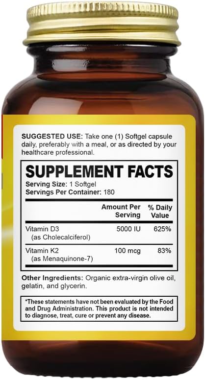 Vitamin D3 + K2 with LIPOSOMAL Technology - 5000iu Vitamin D3 & 100mcg Vitamin K2 as MK-7 - 180 Softgels