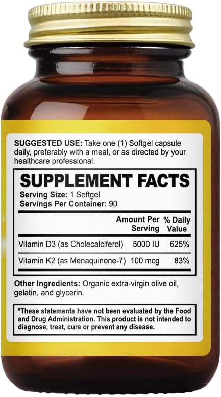 Vitamin D3 + K2 with LIPOSOMAL Technology, 5000iu of Vitamin D3 & 100mcg of Vitamin K2, 90 Softgels