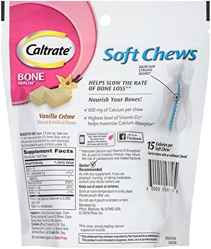 Calcium and Vitamin D3 Supplement Soft Chews, 600 mg, Vanilla Crème Flavor, 60 Count