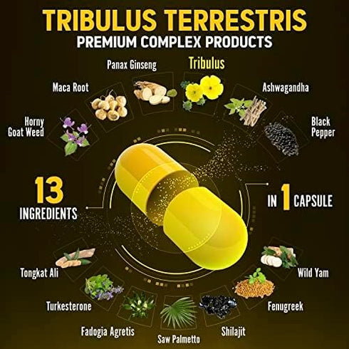 13in1 Tribulus Terrestris Capsules - 16000mg with Maca, Horny Goat Weed, Panax Ginseng & More, 120 Counts