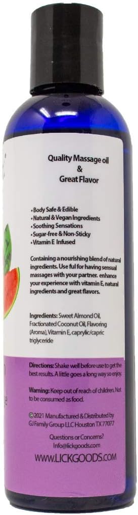 Watermelon Flavored Massage Oil for Couples – Edible Massaging Lotion with Vitamin E, Sweet Almond, Coconut Oil, 4 oz