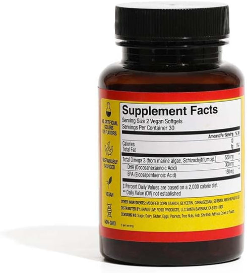 Bragg Vegan Omega 3 Supplement - 60 Softgels, Sustainably Sourced Marine Algae, Supports Brain, Eye & Heart Health