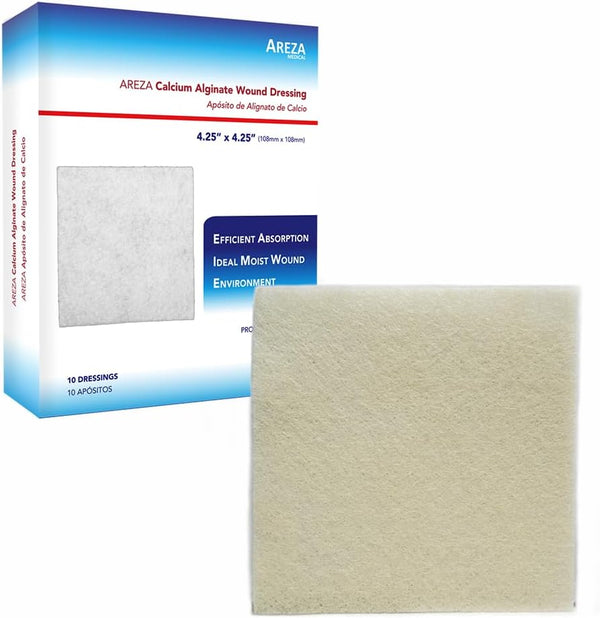 AREZA MEDICAL Calcium Alginate Wound Dressing Pads, 4.25" x 4.25", 10 Sterile Non-Stick Gauze Pads for Wound Care
