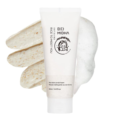 MIDHA RICE BRAN SCRUB FOAM 150ml Gentle Face Wash and Scrub with Finely Grinded Rice Husk and rice water face cleaning wash Vegan