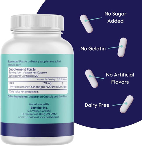 BESTVITE PQQ 20mg, 120 Vegetarian Capsules, No Stearates, Vegan, Non GMO, Gluten Free