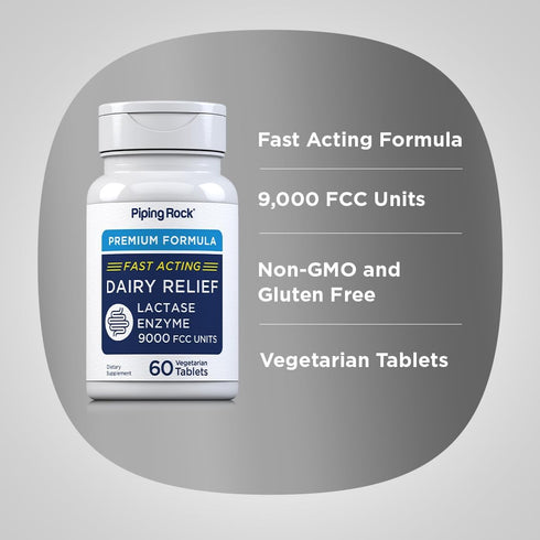 Piping Rock Fast Acting Dairy Relief Lactase Enzyme | 60 Tablets | 9000 FCC | Vegetarian Premium Formula | Non-GMO,
