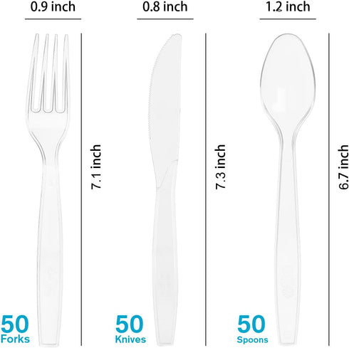 150 Pcs Clear Plastic Silverware, Heavy Weight Plastic Forks Spoons Knives Disposable Utensils Cutlery Set for Wedding Party Supplies Everyday Use by MOACOCK