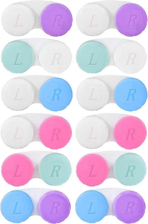 12 Pack Colorful Cute Contact Lens Case Bulk Box - Holder Container Soak Storage Kit in 6 Colors