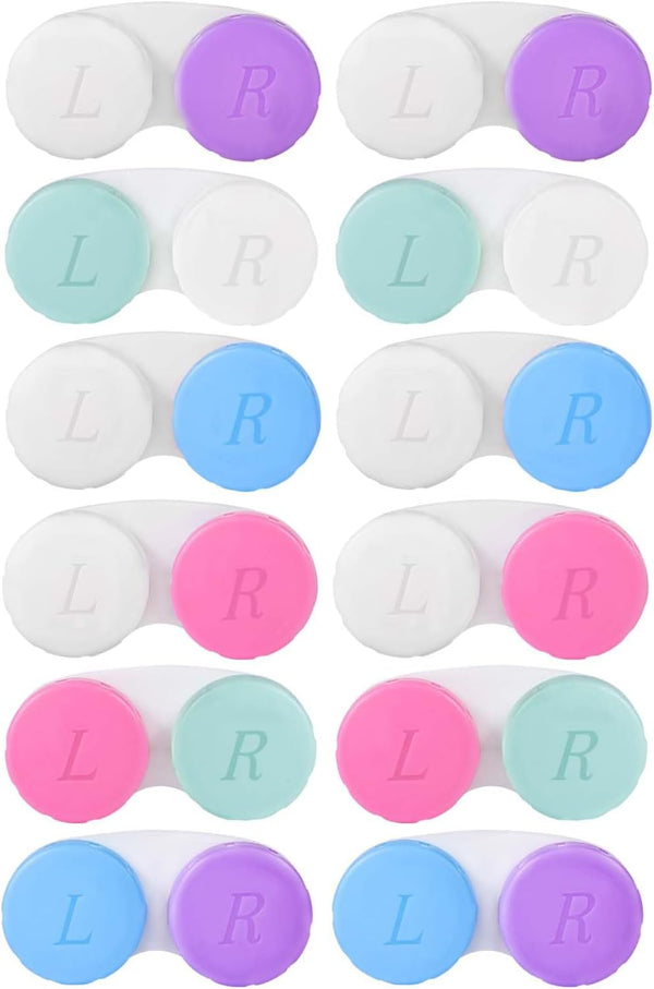 12 Pack Colorful Cute Contact Lens Case Bulk Box - Holder Container Soak Storage Kit in 6 Colors