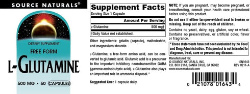 Source Naturals L-Glutamine, Free Form Amino Acid, Supports Metabolic Energy*, 500mg - 50 Capsules