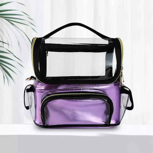 Makeup Brush Case, Clear Makeup Bags with Multiple Pockets, Waterproof Travel Organizer with Removable Dividers, Purple