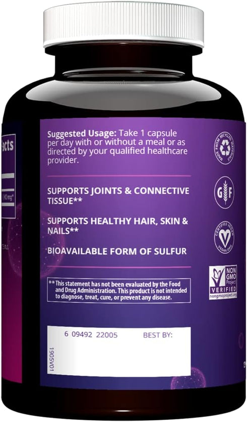 MRM Nutrition MSM 1000mg, Methyl-sulfonyl-methane capsules for Joint Health, Hair + Skin + Nails, Vegan, 120 servings