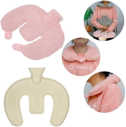 SIQITECHNO 1L U Shaped Hot Water Bottle for Neck Shoulder Pain Relief Soft Rubber Hot Water Bag with Plush Cover Winter