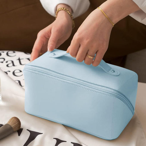 MINGRI Large Capacity Travel Cosmetic Bag, Waterproof PU Leather Makeup Bag for Women (Blue)