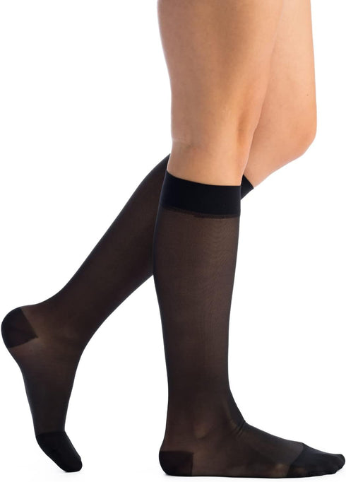 EvoNation Women’s Knee-High Graduated Compression Socks, 15-20 mmHg Moderate Pressure Sheer Support Stockings, Black