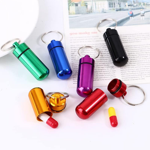 AKOAK 2 Pcs Colorful Round Aluminum Alloy Pill Bottle, Waterproof Outdoor Travel Portable Key Chain, Purple