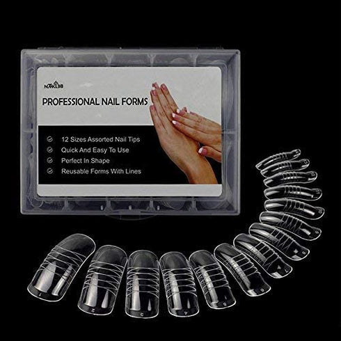 NMKL38 140PCS Clear Dual Forms Acrylic Nail System, Full Cover False Nail Tips, 12 Sizes for Manicure Pedicure