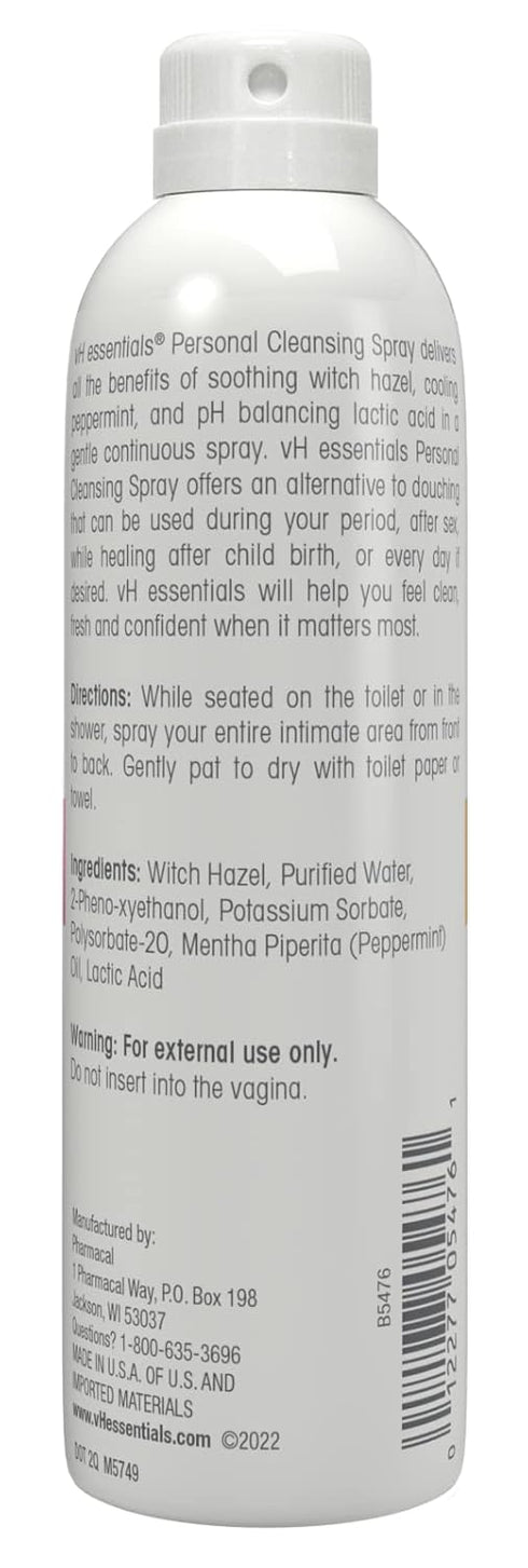 vH essentials Personal Cleansing Spray, pH Balancing Lactic Acid Formula for Easy External Intimate Cleansing