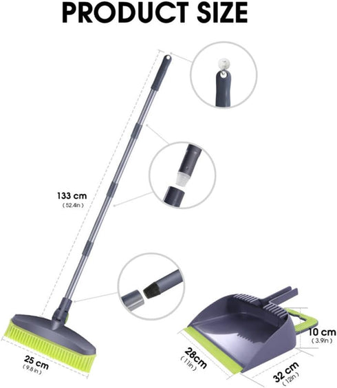 Adjustable Rubber Push Broom and Dustpan Set, Self Cleaning Indoor Outdoor Angle Brooms for Home, Long Handle for Pets