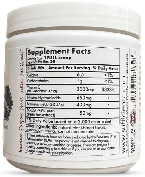 Sufficient-C High Dose Non-GMO Vitamin C Lemon Peach Immune-Ade Drink Mix, 125 Gram Size with L-lysine, Bromelain &