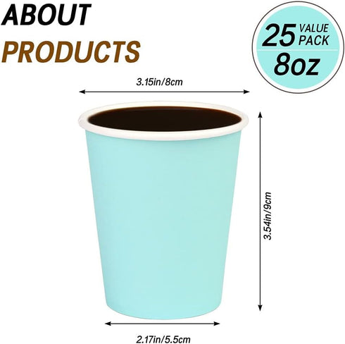 25 Pack 8 oz Disposable Paper Cups, Light Blue Paper Coffee Cups for Hot/Cold Beverages, Suitable for Offices