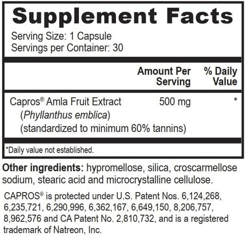 True-Capros Amla Fruit Extract Supplement, Polyphenol Antioxidant Power, 30 Veggie Capsules, Non-GMO Vegan
