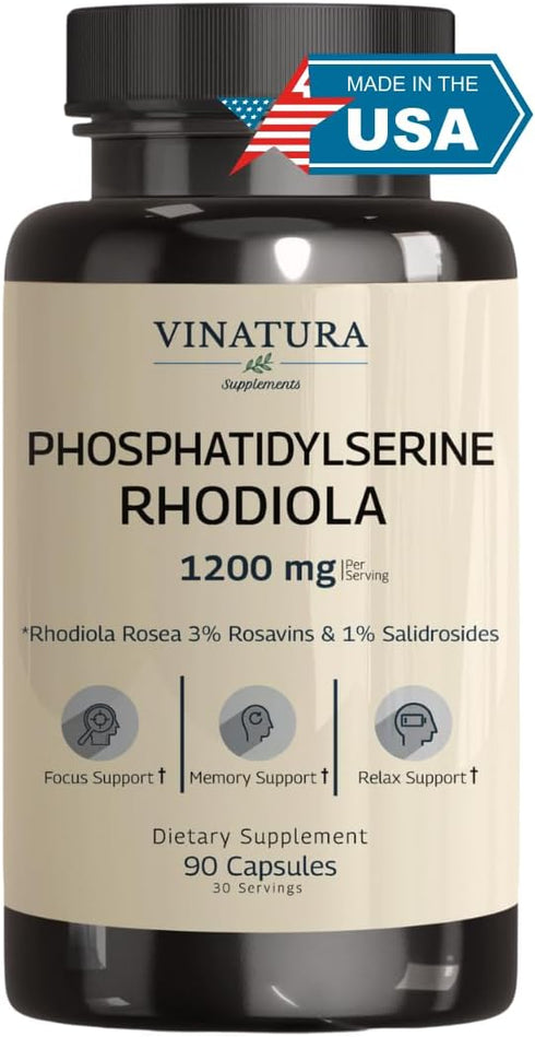PhosphatidylSerine Rhodiola Rosea 1200mg - Brain Booster for Memory & Focus, 90 Capsules, 45 Servings