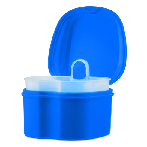 Denture Cup Dental Retainer Case - Dark Blue Cleaning Holder with Strainer Basket for Mouthguard Storage