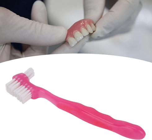 Double Sided Denture Cleaning Brush, Portable Plaque Removal Toothbrush for Home & Travel (Pink)