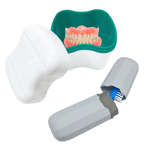 Denture Case Kit with 2 Bath Cups, 2 Denture Brushes & 2 Portable Toothbrush Boxes for Travel