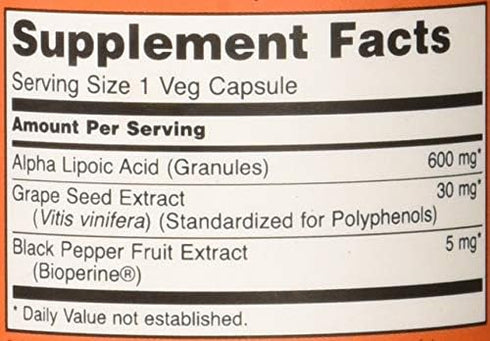 NOW FOODS Alpha Lipoic Acid 600mg Vcaps, 60 Count
